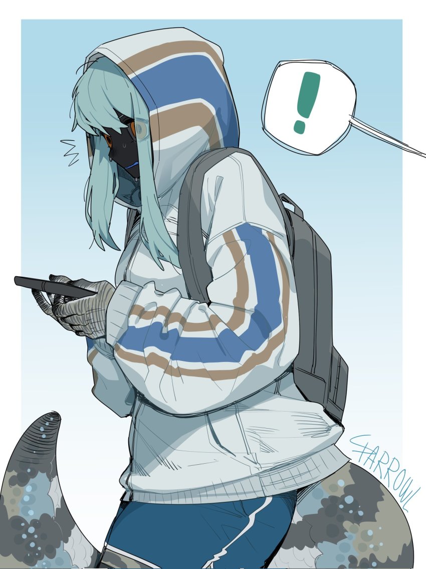 !, 1girl, backpack, bag, black_skin, blue-tongued_skink_(sparrowl), blue_background, blue_hair