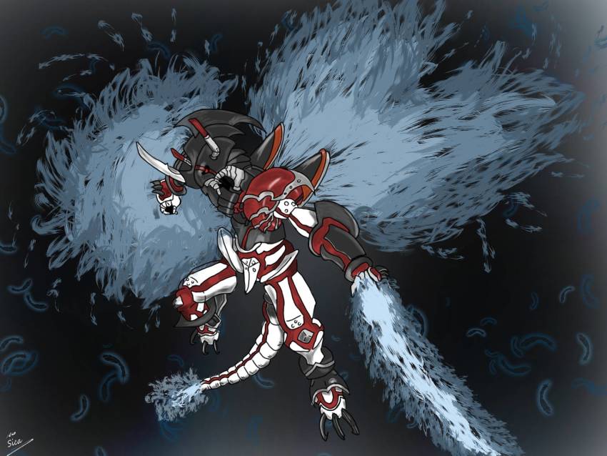 armor, digimon, fire, full_armor, highres, red_eyes, shinegreymon, shinegreymon_ruin_mode