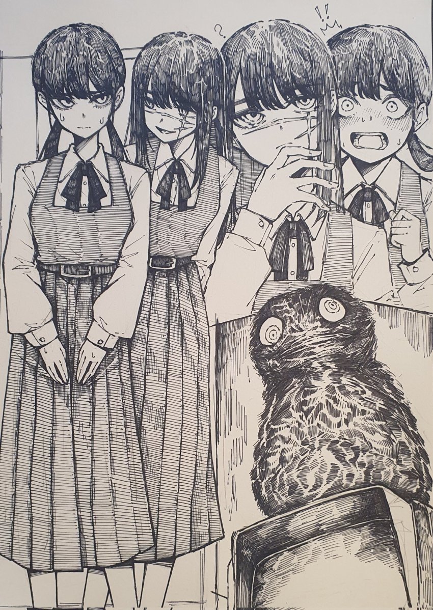 !, !!, 2girls, ?, belt, bird, blush, chainsaw_man