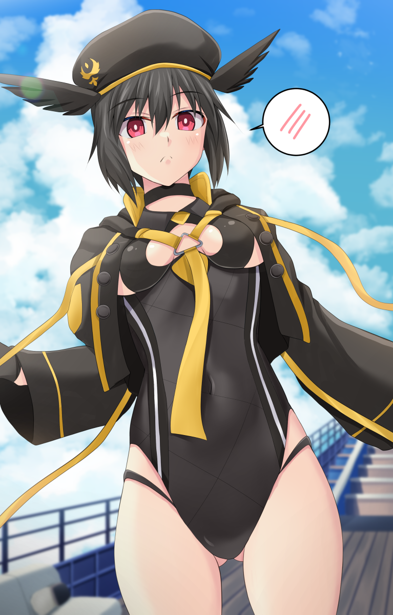 1girl, black_choker, black_hair, black_hat, black_jacket, black_one-piece_swimsuit, black_wings, blue_sky