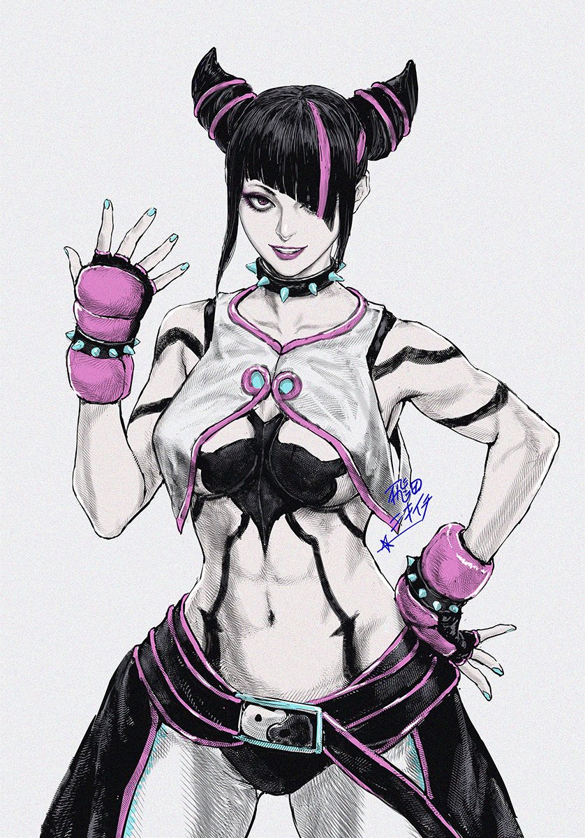 1girl, abs, belt, black_hair, breasts, capcom, choker, cleavage, cleavage_cutout, clothing_cutout, drill_hair, fingerless_gloves, gloves, hair_over_one_eye, han_juri, highres, looking_at_viewer, multicolored_hair, navel, shirt, signature, simple_background, sleeveless, sleeveless_shirt, solo, spiked_choker, spikes, streaked_hair, street_fighter, street_fighter_6, tobita_nikiichi, toned, twin_drills, underboob, white_background, yin_yang