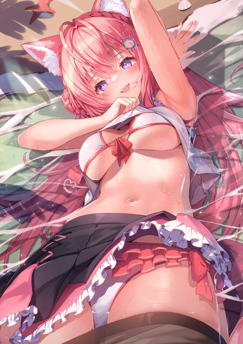1girl, :d, amanuki-san, animal_ear_fluff, antenna_hair, arm_up, armpits, beach, bikini, bikini_under_clothes, black_skirt, blush, braid, braided_bun, clothes_lift, crown_braid, fang, frilled_skirt, frills, hair_between_eyes, hair_bun, hair_ornament, hakui_koyori, hololive, lifting_own_clothes, long_hair, lying, nail_polish, navel, on_back, open_mouth, partially_submerged, pink_hair, pink_nails, pink_skirt, purple_eyes, shirt_lift, skirt, smile, solo, starfish, stomach, swimsuit, tail, very_long_hair, virtual_youtuber, water, white_bikini