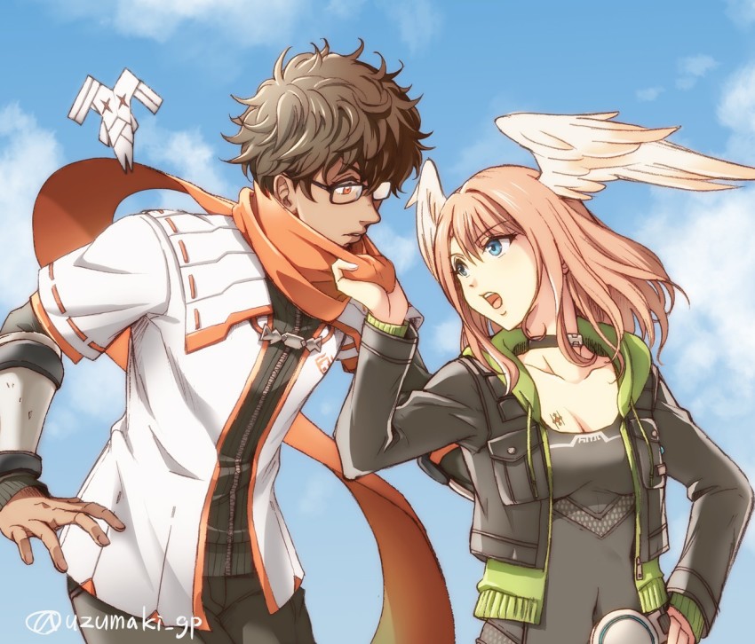 1boy, 1girl, black_hair, blue_eyes, breast_tattoo, breasts, brown_eyes, brown_hair