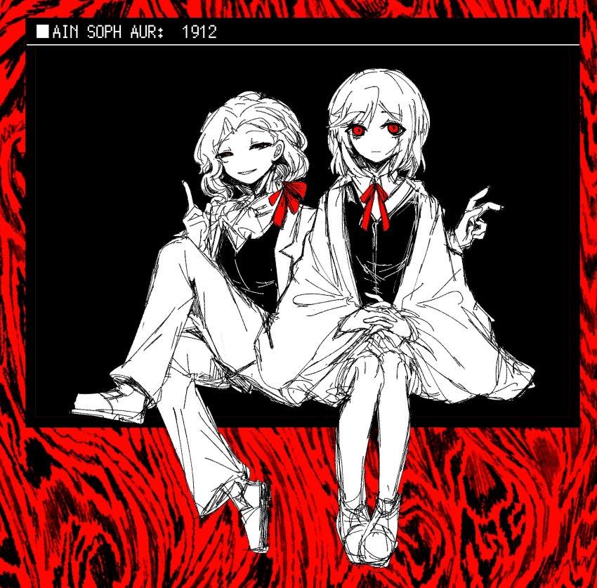 2girls, :|, closed_mouth, collared_shirt, commentary, english_commentary, expressionless, genderswap