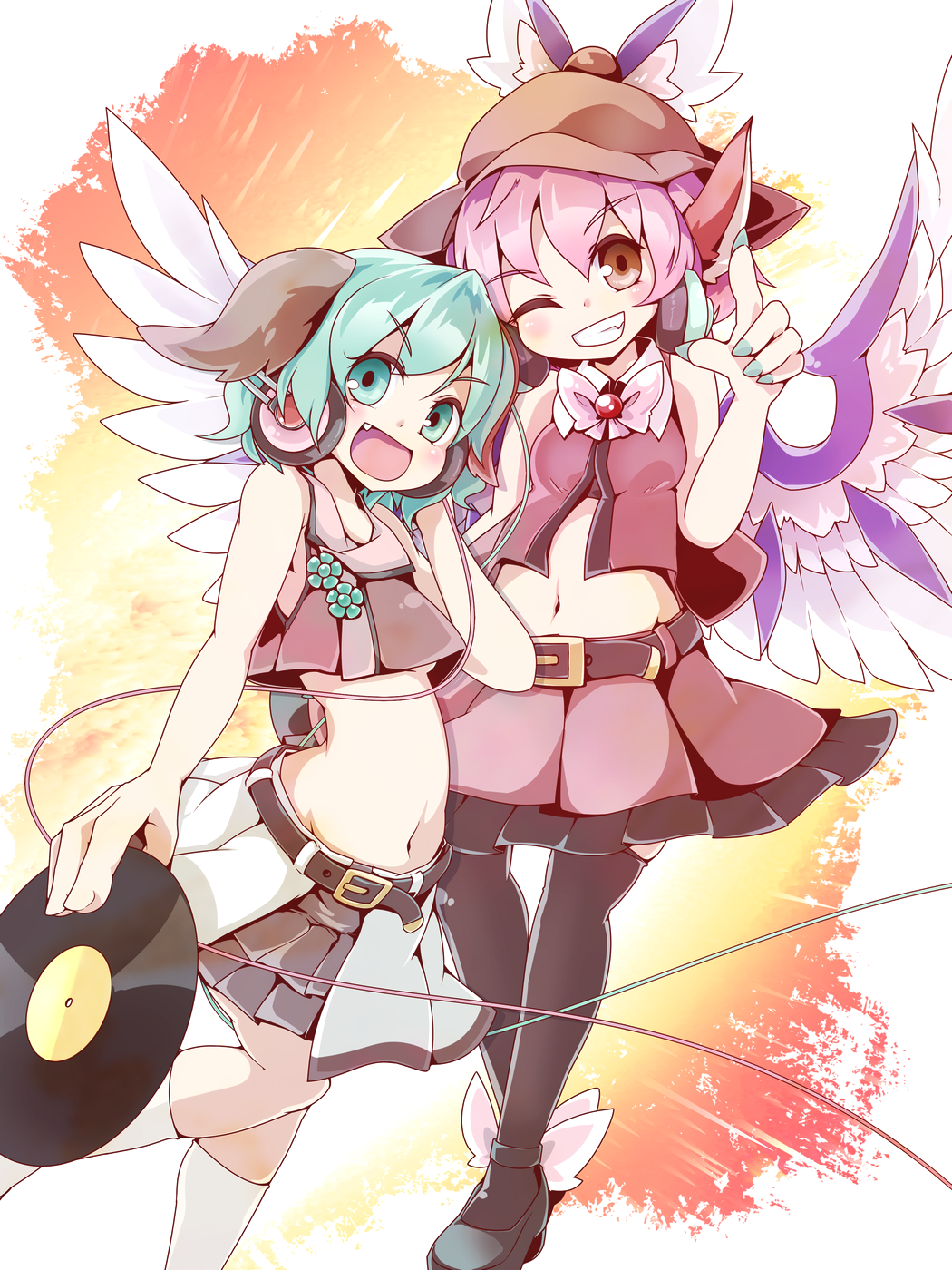 2girls, animal_ears, belt, bird_ears, bird_wings, black_belt, black_footwear, black_skirt