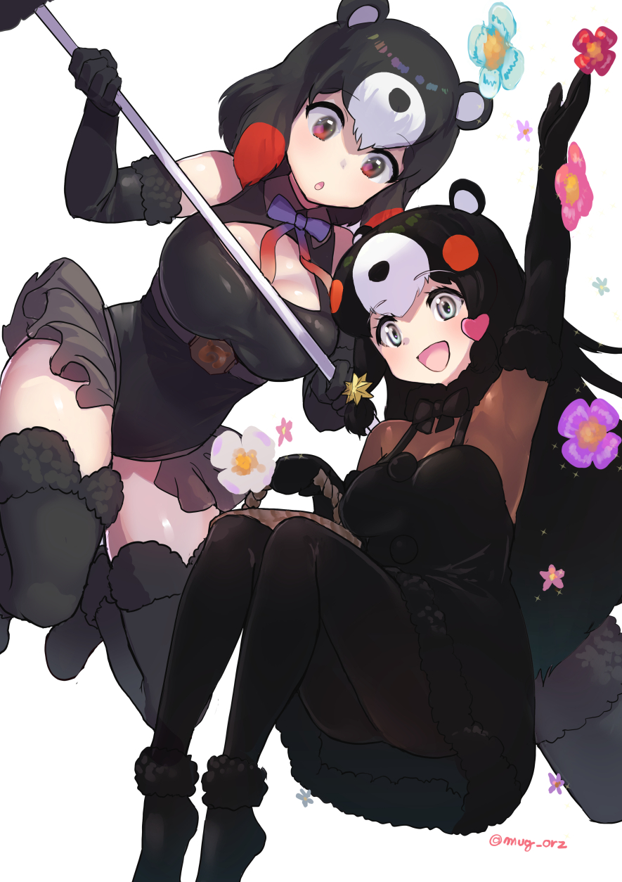 2girls, :d, :o, animal_ears, arm_up, bare_shoulders, bear_ears, bear_girl