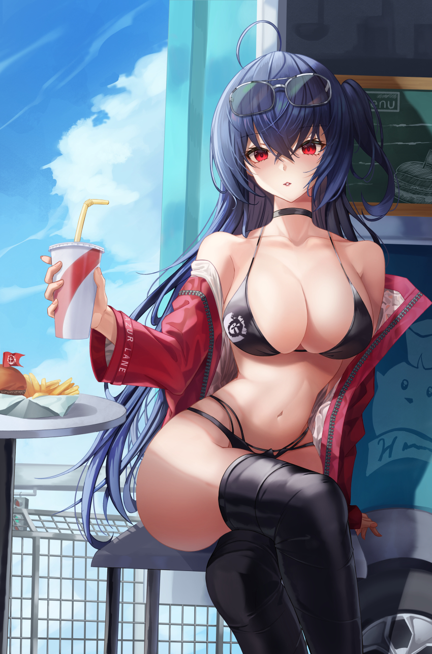 1girl, absurdres, ahoge, azur_lane, bikini, black_bikini, black_choker, black_hair