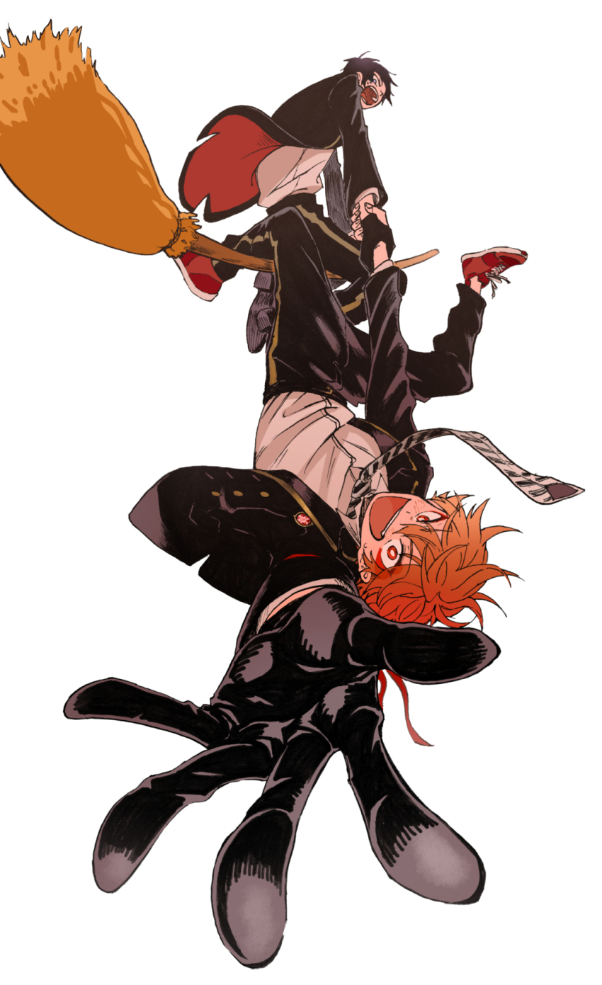 2boys, ace_trappola, black_gloves, blazer, broom, broom_riding, deuce_spade, gloves