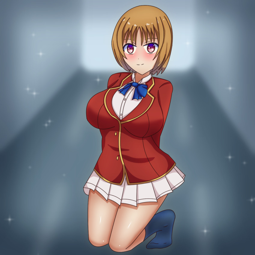 1girl, astelord, blush, breasts, brown_hair, feet, highres, kushida_kikyou, large_breasts, ribbon, school, school_uniform, skirt, smile, socks, solo, thighs, youkoso_jitsuryoku_shijou_shugi_no_kyoushitsu_e