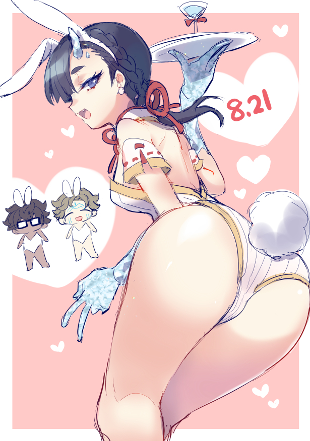 1girl, adapted_costume, animal_ears, ass, bent_over, black_hair, brown_hair, bunny_day, chibi, crossdressing, crossdressing_(ftm), fake_animal_ears, fake_tail, fang, himeno345, horns, isurd_(xenoblade), leaning_forward, nimue_(xenoblade), playboy_bunny, rabbit_ears, rabbit_tail, single_horn, smile, tail, taion_(xenoblade), tray, v, xenoblade_chronicles_(series), xenoblade_chronicles_3