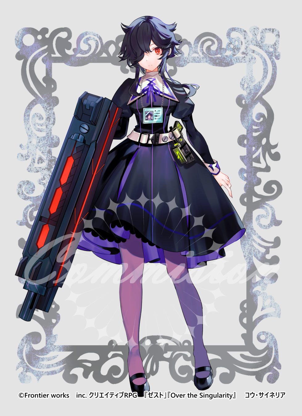 1girl, black_dress, black_hair, black_shoes, creativerpg, dress, gun, hair_over_one_eye