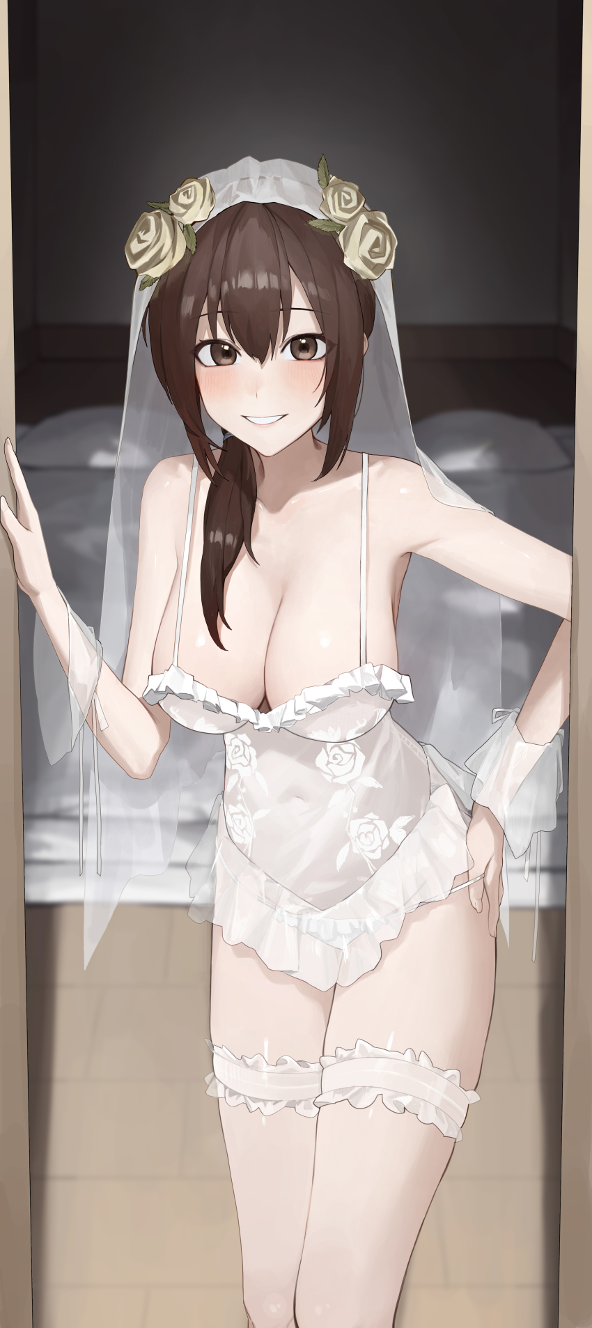 1girl, absurdres, bare_arms, bare_shoulders, bed, blush, breasts, bridal_veil