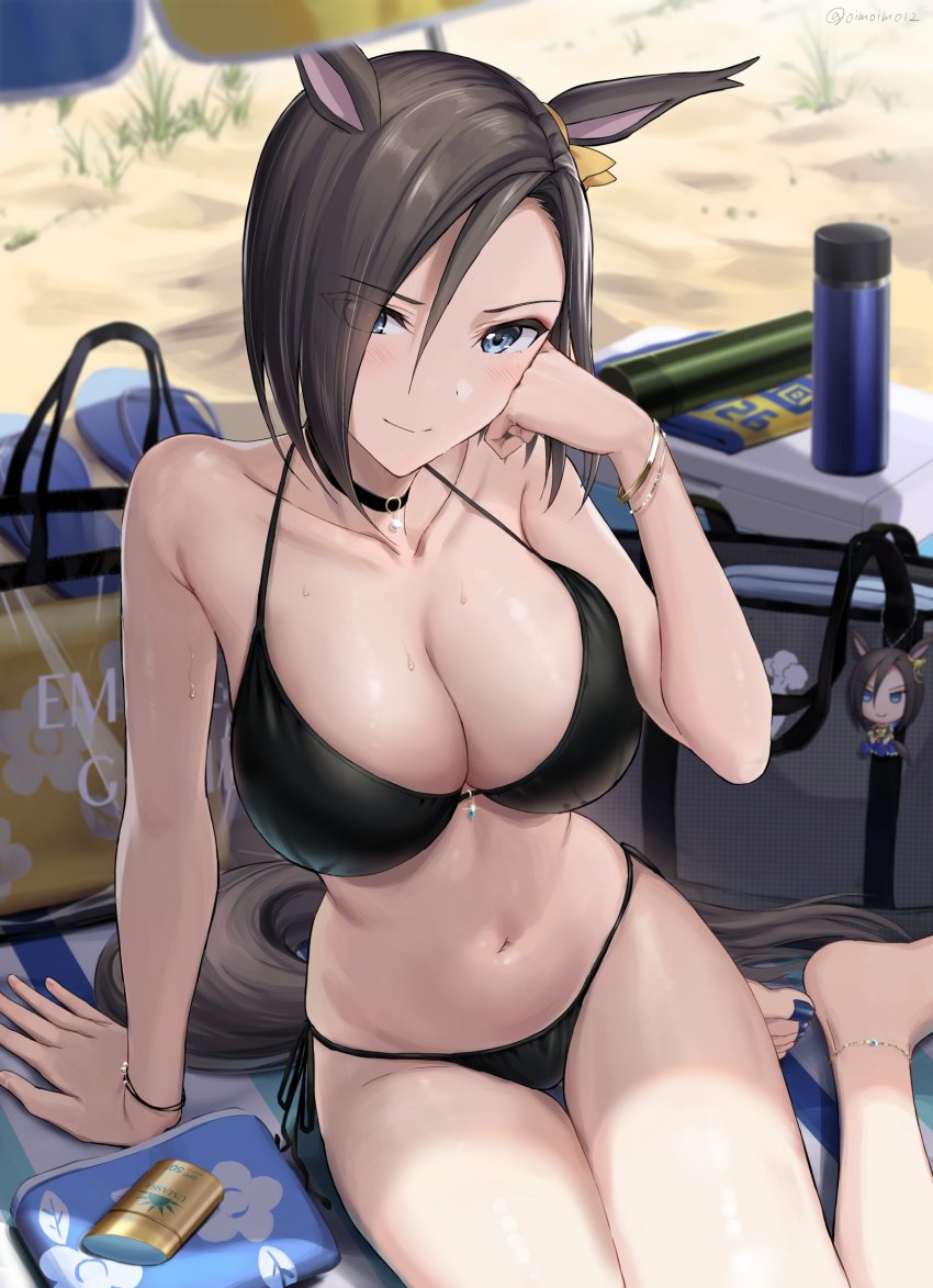 1girl, air_groove_(umamusume), animal_ears, bag, bag_charm, bare_shoulders, barefoot, beach_towel