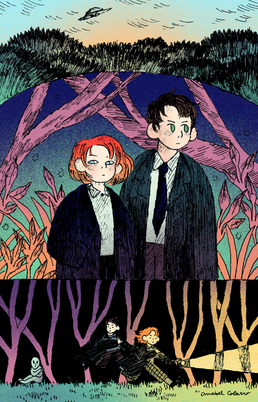 1boy, 1girl, 1other, alien, artist_request, black_jacket, black_necktie, blue_eyes, collared_shirt, dana_scully, flashlight, flying_saucer, forest, fox_mulder, full_body, gradient_hair, grass, green_eyes, hiding, highres, jacket, leaf, multicolored_hair, nature, necktie, night, orange_hair, pants, plaid_clothes, plaid_pants, red_hair, running, shirt, shirt_tucked_in, short_hair, sitting, spacecraft, the_x-files, tree, ufo, ufotomorrow, white_shirt, x-files