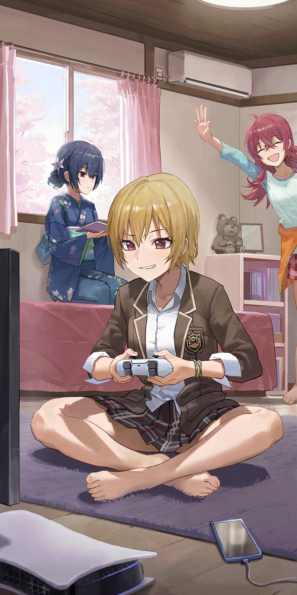 3girls, ^_^, ^o^, air_conditioner, bare_legs, barefoot, blue_kimono, cellphone