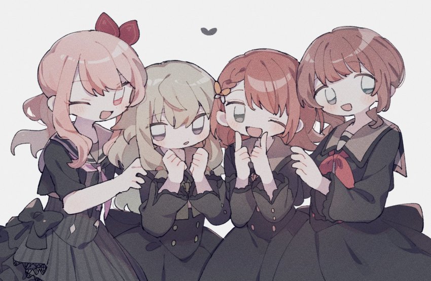 1other, 3girls, :d, akiyama_mizuki, april_fools, black_bow, black_dress, black_neckerchief