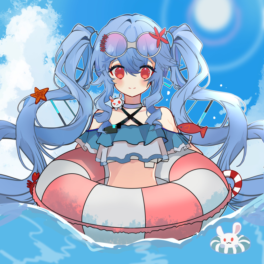 1girl, absurdres, animal, animal_on_shoulder, bare_shoulders, bikini, blue_hair, blue_sky, blush, chinese_commentary, cloud, cloudy_sky, commentary_request, crab_hair_ornament, criss-cross_halter, day, double_helix, eyewear_on_head, fish_hair_ornament, frilled_bikini, frills, girls'_frontline, girls'_frontline_neural_cloud, hair_between_eyes, hair_ornament, halterneck, heituitui, helix_(neural_cloud), highres, holding, holding_swim_ring, innertube, long_hair, looking_at_viewer, outdoors, rabbit, red_eyes, sidelocks, sky, smile, solo, starfish, starfish_hair_ornament, sun, sunglasses, swim_ring, swimsuit, twintails, upper_body, water