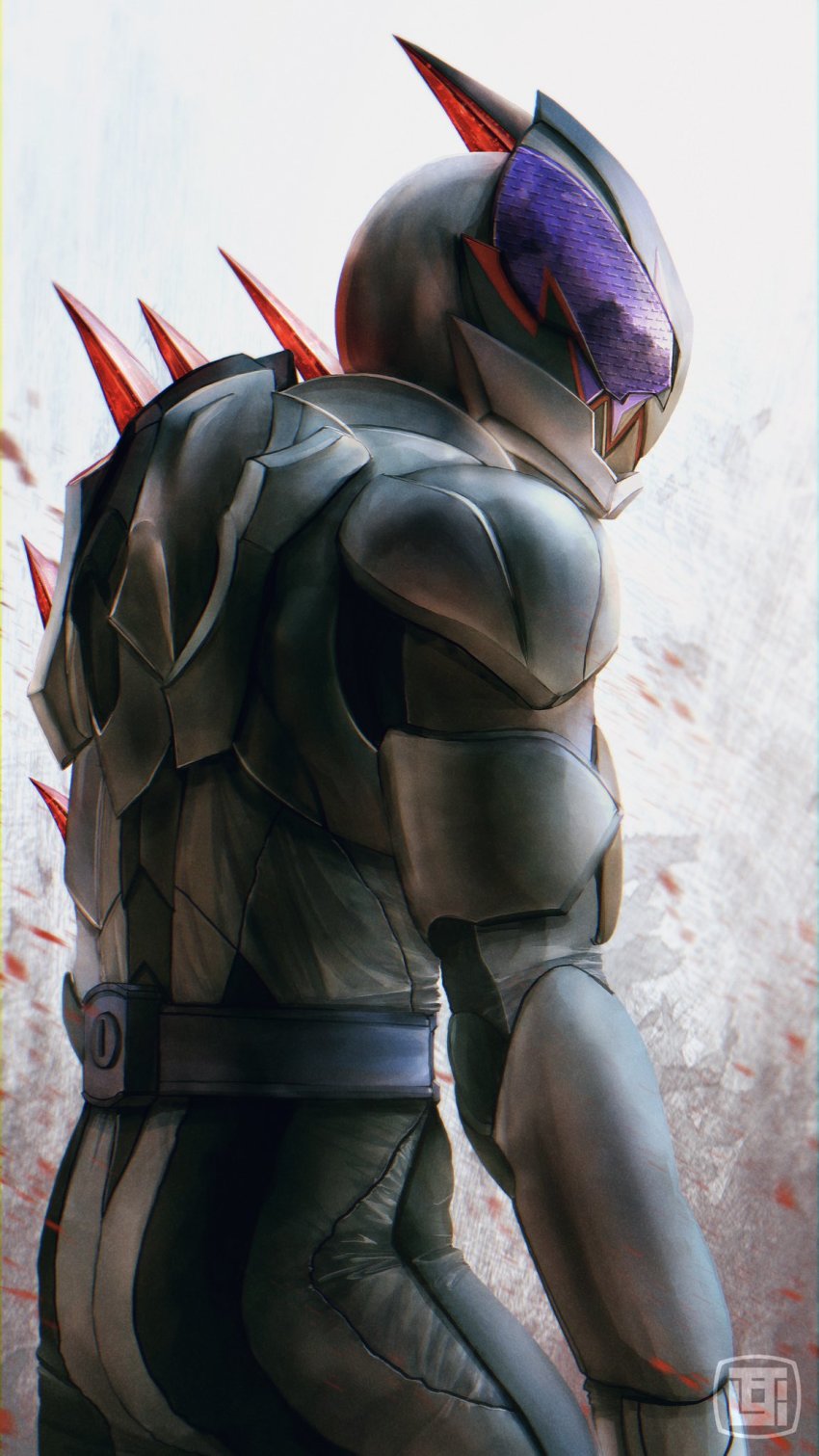 1boy, armor, artist_logo, ass, asymmetrical_armor, belt, black_armor, blood