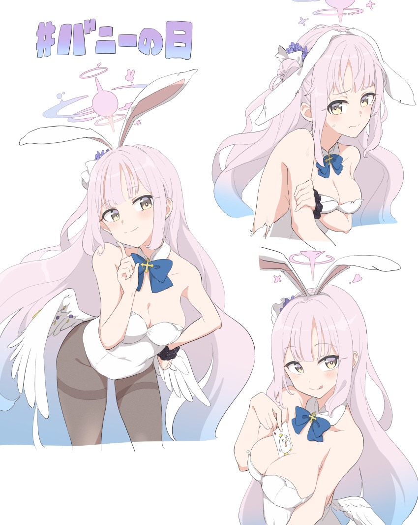 1girl, :q, absurdres, angel_wings, animal_ears, between_breasts, black_pantyhose, blue_archive