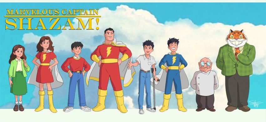 billy_batson, brown_hair, cape, captain_marvel_jr., dc_comics, doctor_sivana, freddy_freeman, green_skirt, mary_batson, mary_marvel, multiple_boys, parody, shazam, skirt, studio_ghibli_(style), superhero_costume, talky_tawny