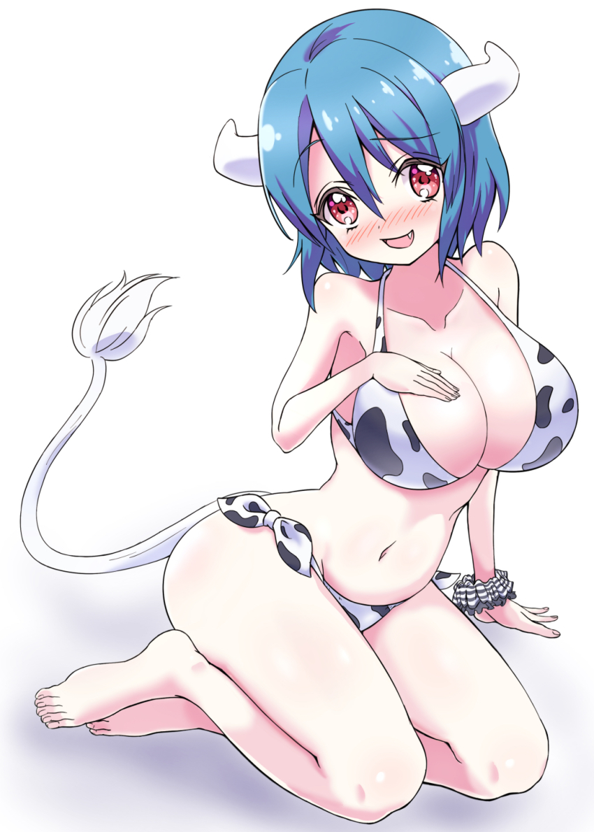 1girl, animal_print, barefoot, bikini, blue_hair, blush, breasts, collarbone, commentary_request, cow_girl, cow_horns, cow_print, cow_tail, fang, feet, highres, hihkunhihkun, horns, jashin-chan_dropkick, large_breasts, looking_at_viewer, minos_(jashin-chan_dropkick), navel, open_mouth, red_eyes, scrunchie, short_hair, side-tie_bikini_bottom, simple_background, sitting, smile, solo, swimsuit, tail, toenails, toes, white_background, white_tail, wrist_scrunchie, yokozuwari