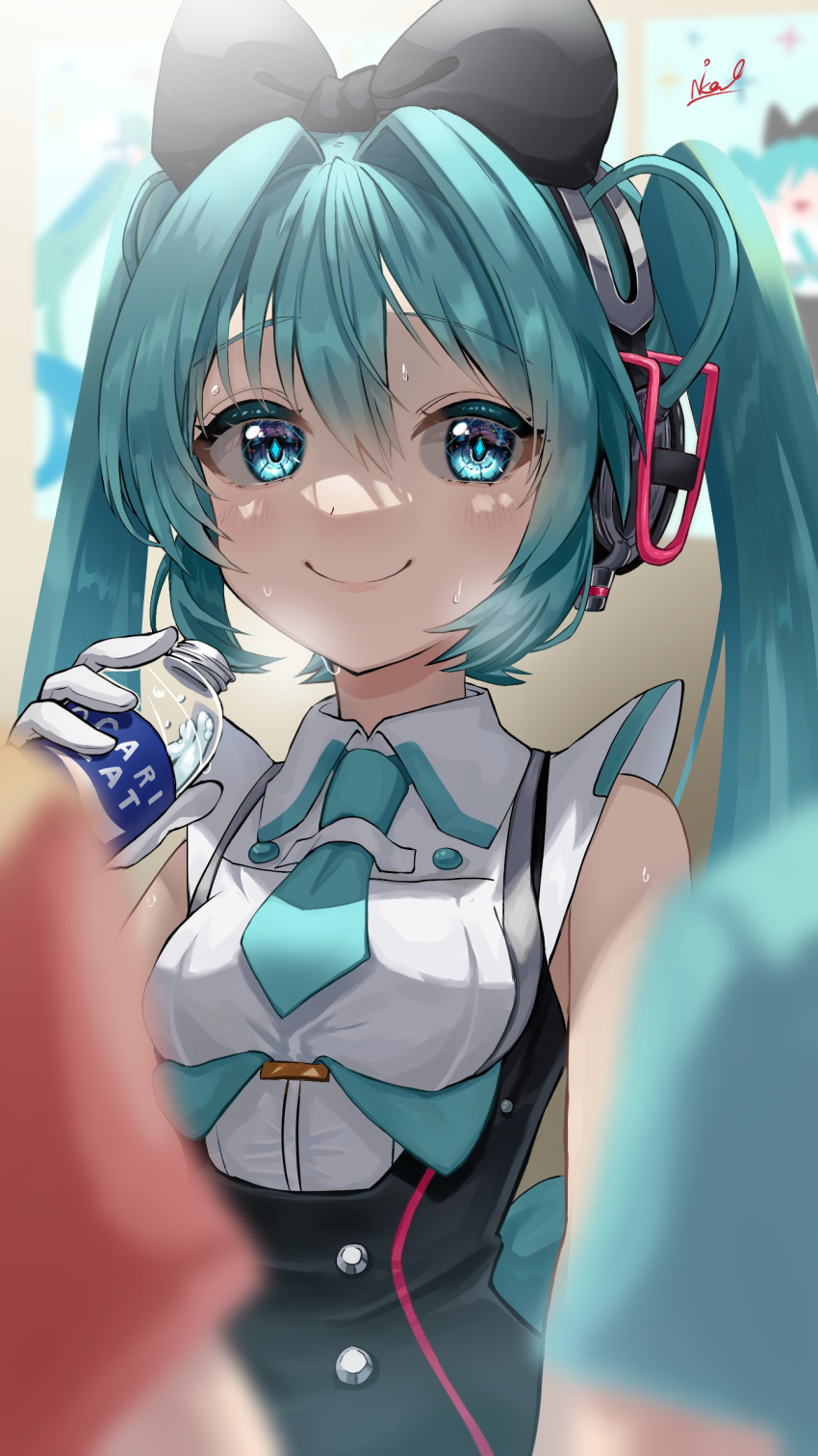 1girl, 39_music_(vocaloid), absurdres, aqua_eyes, aqua_hair, aqua_necktie, black_bow, blurry