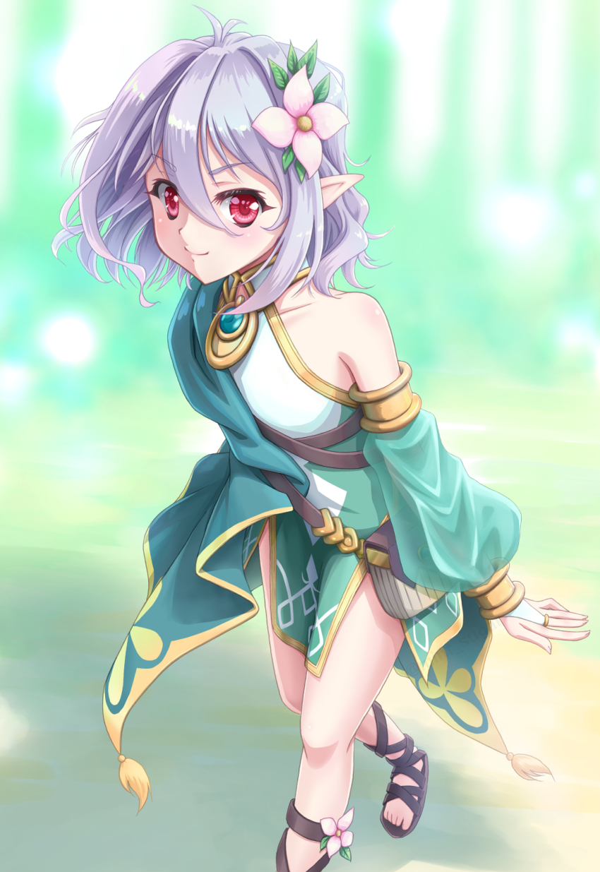 1girl, antenna_hair, bag, black_sandals, blurry, blurry_background, bridal_gauntlets, brooch