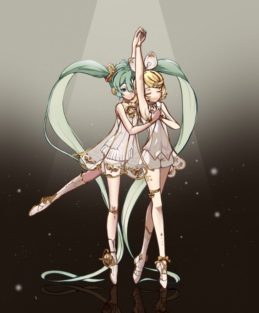 2girls, absurdly_long_hair, arm_up, asymmetrical_footwear, ballet_slippers, blonde_hair, blue_eyes, boots