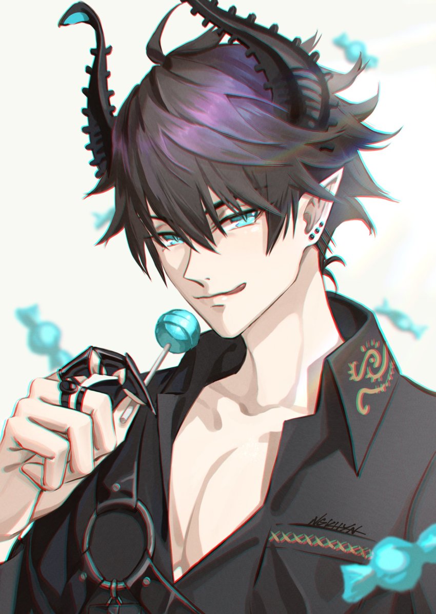 1boy, :q, ahoge, artist_name, asymmetrical_horns, black_hair, black_horns, black_shirt