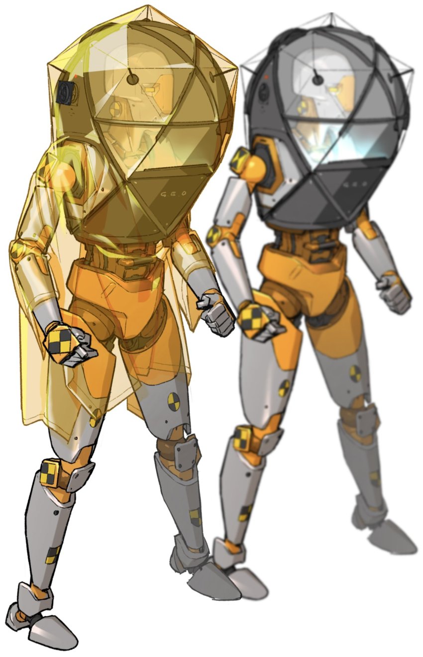 clenched_hands, crash_test_dummy, highres, humanoid_robot, jacket, match_(idleslumber), no_humans, orange_jacket