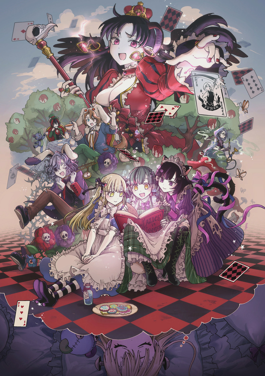 3boys, 5girls, :d, alice's_adventures_in_wonderland, alice_(alice_in_wonderland), animal_ears, animal_hat, animal_skull