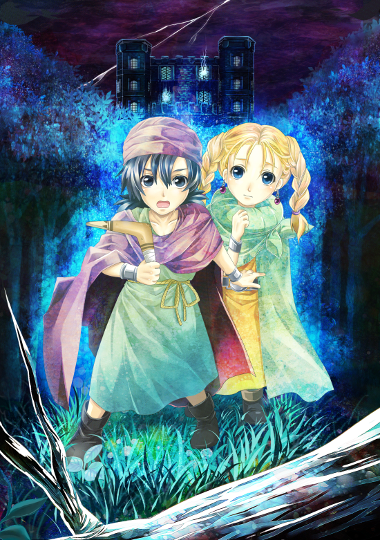 1boy, 1girl, bad_id, bad_pixiv_id, bianca_(dq5), blonde_hair, blue_eyes, boomerang