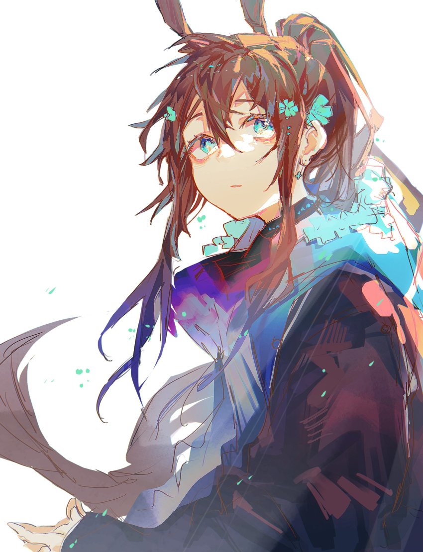 1girl, amiya_(arknights), animal_ears, arknights, black_collar, black_jacket, blue_eyes, blue_flower