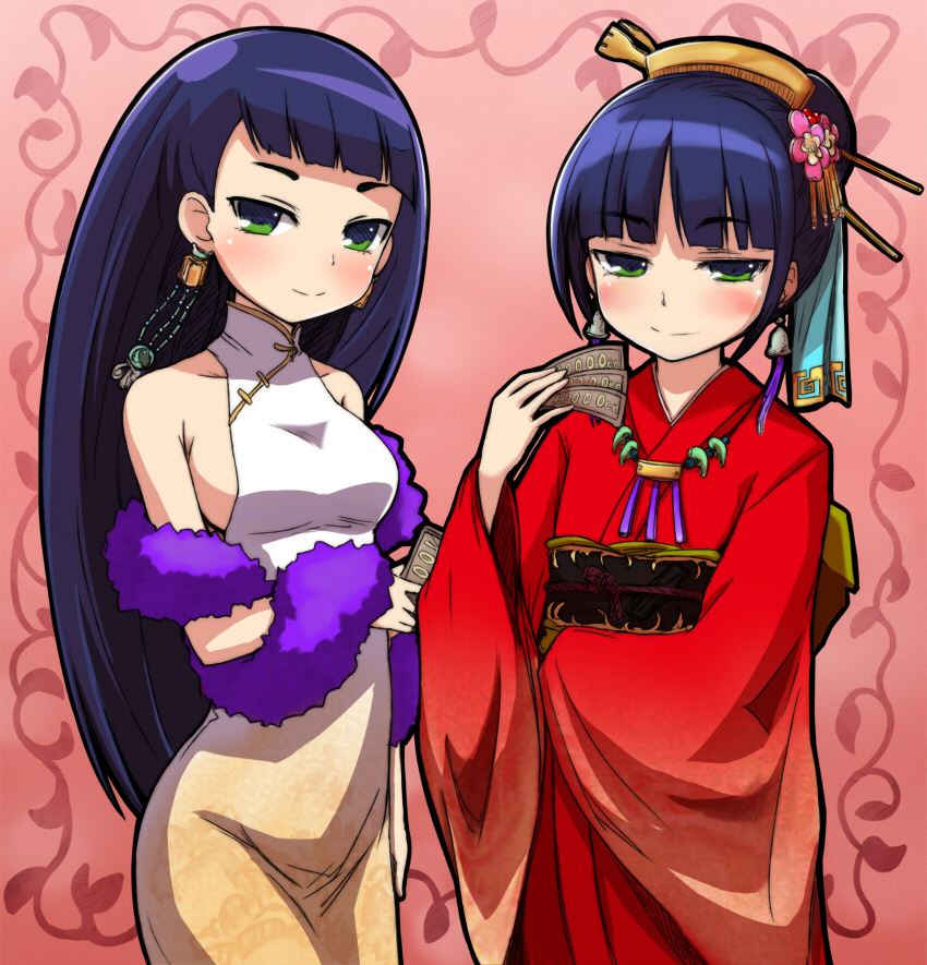 2girls, atlus, bare_shoulders, bell, black_hair, blue_hair, china_dress, chinese_clothes