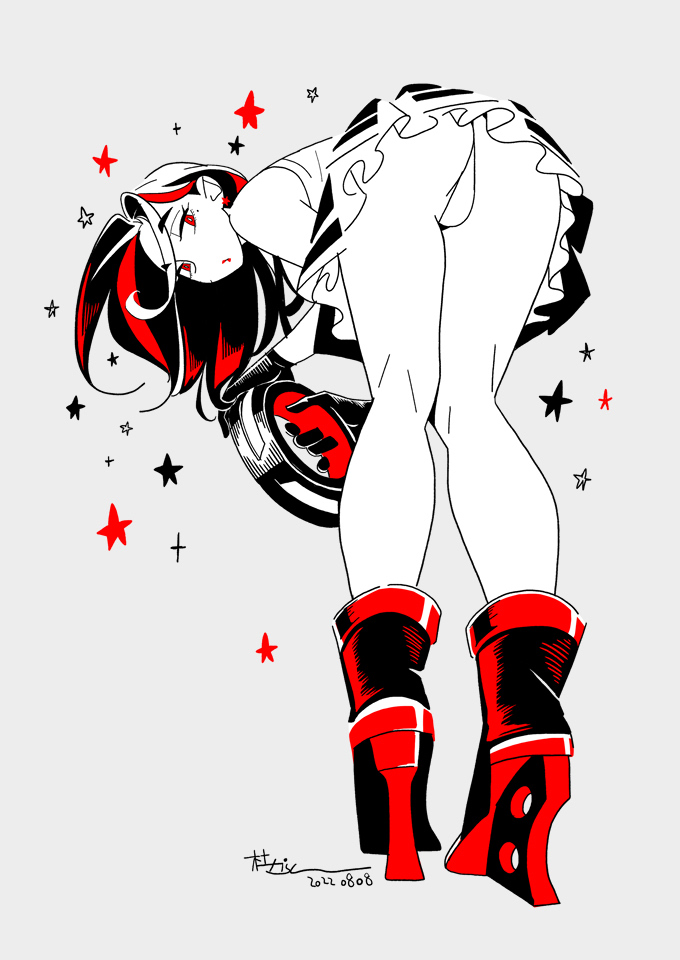 1girl, ass, bent_over, boots, breasts, callan_(callancoe), dated, frilled_skirt