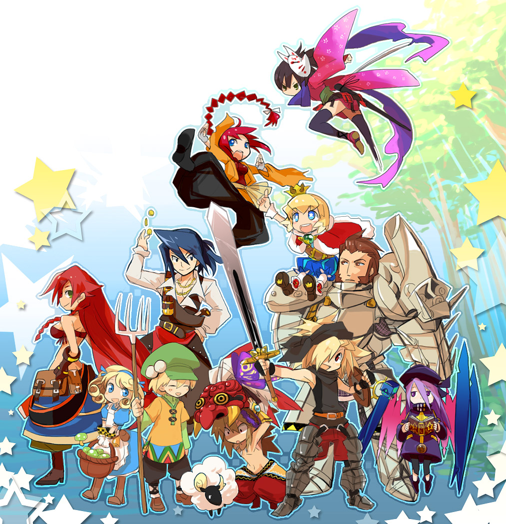 5girls, 6+boys, armor, atlus, bad_id, bad_pixiv_id, ballista_(sekaiju), ballista_4_(sekaiju), beast_king_(sekaiju), beast_king_3_(sekaiju), belt, blonde_hair, blue_hair, book, braid, brown_hair, coin, crown, etrian_odyssey, farmer_(sekaiju), farmer_1_(sekaiju), farmer_4_(sekaiju), fingerless_gloves, fox_mask, gloves, hat, japanese_clothes, katana, kimono, mask, midriff, mike_(3isk), monk_(sekaiju), monk_4_(sekaiju), multiple_boys, multiple_girls, mushroom, phalanx_(sekaiju), phalanx_1_(sekaiju), pirate_(sekaiju), pirate_3_(sekaiju), pitchfork, prince_(sekaiju), purple_hair, red_hair, sekaiju_no_meikyuu, sekaiju_no_meikyuu_3, sheep, shinobi_(sekaiju), shinobi_4_(sekaiju), sovereign_(sekaiju), sovereign_1_(sekaiju), star_(symbol), sword, thighhighs, tree, warrior_(sekaiju), warrior_3_(sekaiju), weapon, zodiac_(sekaiju), zodiac_2_(sekaiju)