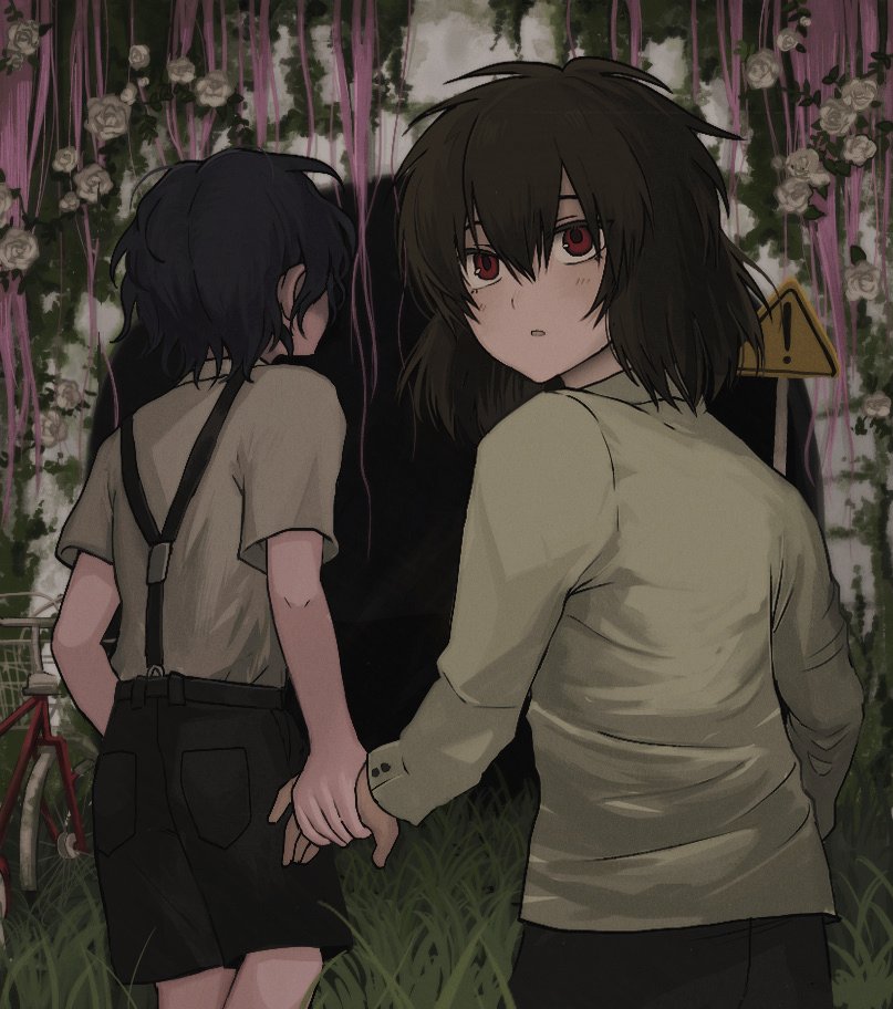 2boys, aged_down, bicycle, black_pants, black_shorts, blue_hair, brown_hair, dark_blue_hair