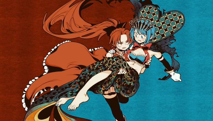 2girls, ahoge, black_bow, black_thighhighs, blue_eyes, blue_hair, blush, bow