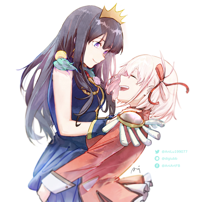 2girls, alternate_costume, ani_lu, black_hair, blonde_hair, blue_dress, closed_eyes, cosplay