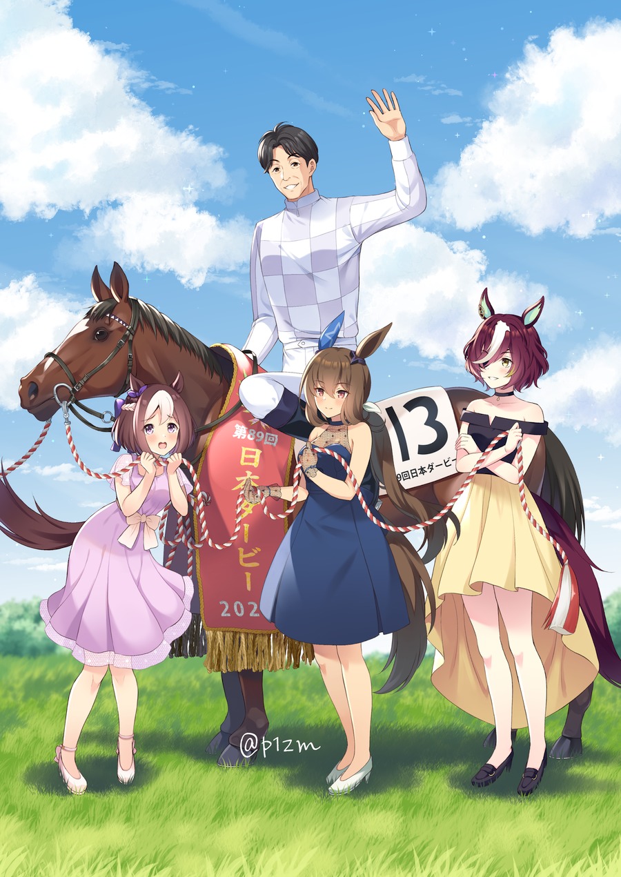 1boy, 3girls, admire_vega_(umamusume), alternate_costume, animal_ears, black_choker, black_footwear, blue_dress, bow, brown_hair, choker, do_deuce_(racehorse), dress, ear_covers, eyepatch, grass, hair_between_eyes, hair_bow, high_heels, highres, horse_ears, horse_girl, horse_tail, jockey, komi_zumiko, purple_dress, long_hair, looking_at_viewer, multicolored_hair, multiple_girls, off-shoulder_dress, off_shoulder, purple_bow, purple_eyes, purple_hair, real_life, short_hair, sleeveless, sleeveless_dress, special_week_(umamusume), tail, take_yutaka, tanino_gimlet_(umamusume), twitter_username, two-tone_hair, umamusume, white_footwear, white_hair, yellow_eyes