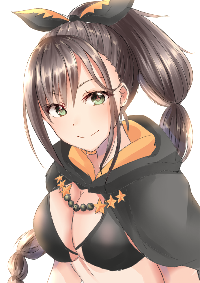 1girl, black_bow, black_bra, black_cape, bow, bra, braid, braided_ponytail