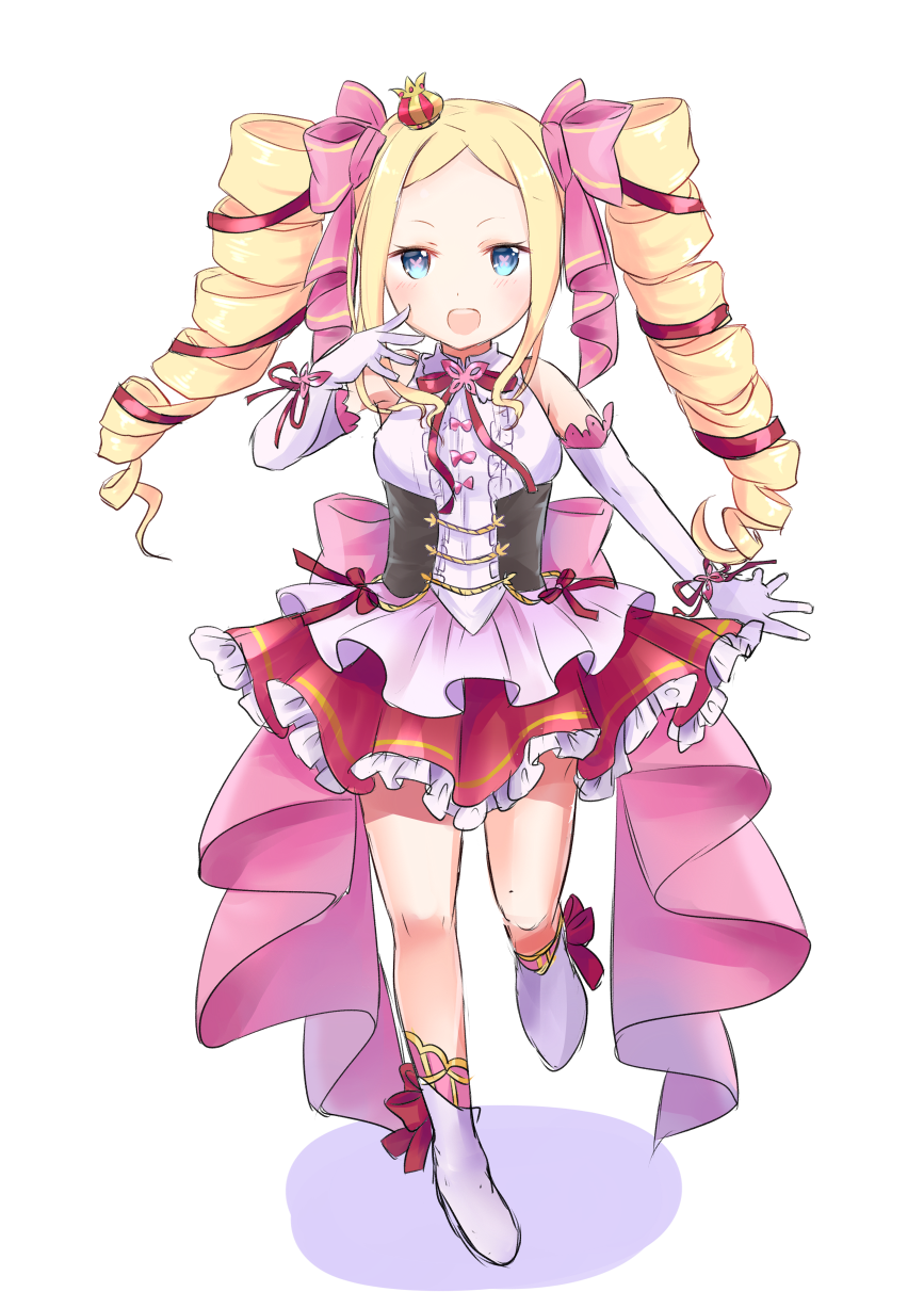 1girl, :d, beatrice_(re:zero), blonde_hair, blue_eyes, bow, chii_(sbshop), crown, dress_shirt, drill_hair, elbow_gloves, floating_hair, frilled_skirt, frills, full_body, gloves, hair_bow, highres, layered_skirt, long_hair, looking_at_viewer, mini_crown, miniskirt, neck_ribbon, open_mouth, parted_bangs, pink_bow, re:zero_kara_hajimeru_isekai_seikatsu, red_ribbon, ribbon, shirt, simple_background, skirt, sleeveless, sleeveless_shirt, smile, solo, twin_drills, twintails, very_long_hair, white_background, white_footwear, white_gloves, white_shirt, wrist_ribbon
