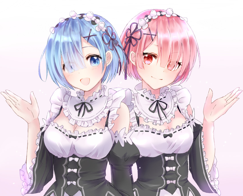 2girls, :d, black_ribbon, black_sleeves, blue_eyes, blue_hair, bow, breasts, chii_(sbshop), cleavage, closed_mouth, detached_collar, eyes_visible_through_hair, female_focus, flower, frilled_sleeves, frills, hair_flower, hair_ornament, hair_ribbon, head_wreath, highres, long_sleeves, looking_at_viewer, maid, matching_hair/eyes, medium_breasts, multiple_girls, neck_ribbon, open_mouth, pink_hair, purple_ribbon, ram_(re:zero), re:zero_kara_hajimeru_isekai_seikatsu, red_eyes, rem_(re:zero), ribbon, roswaal_mansion_maid_uniform, short_hair, siblings, simple_background, sisters, small_breasts, smile, standing, twins, underbust, upper_body, white_background, white_bow, white_flower, x_hair_ornament