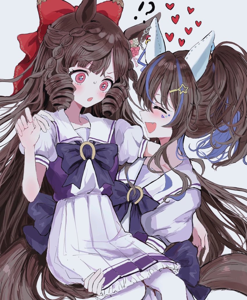2girls, animal_ears, bad_id, bad_twitter_id, black_hair, blush, carrying, closed_eyes