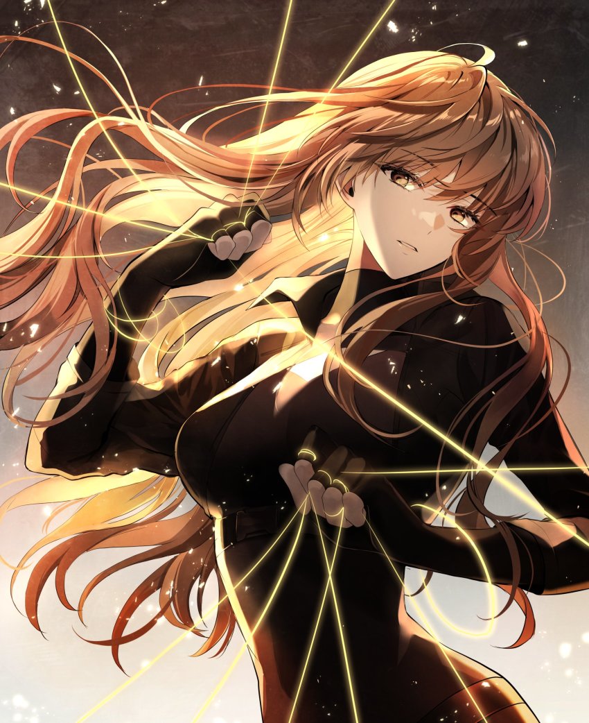 1girl, absurdres, backlighting, black_jacket, black_suit, breasts, brown_eyes, brown_hair, fingerless_gloves, formal_clothes, gloves, glowing, head_tilt, highres, jacket, light_particles, looking_at_viewer, medium_breasts, omniscient_reader's_viewpoint, open_mouth, shine_s247, solo, string, suit, teeth, upper_body, yoo_sangah