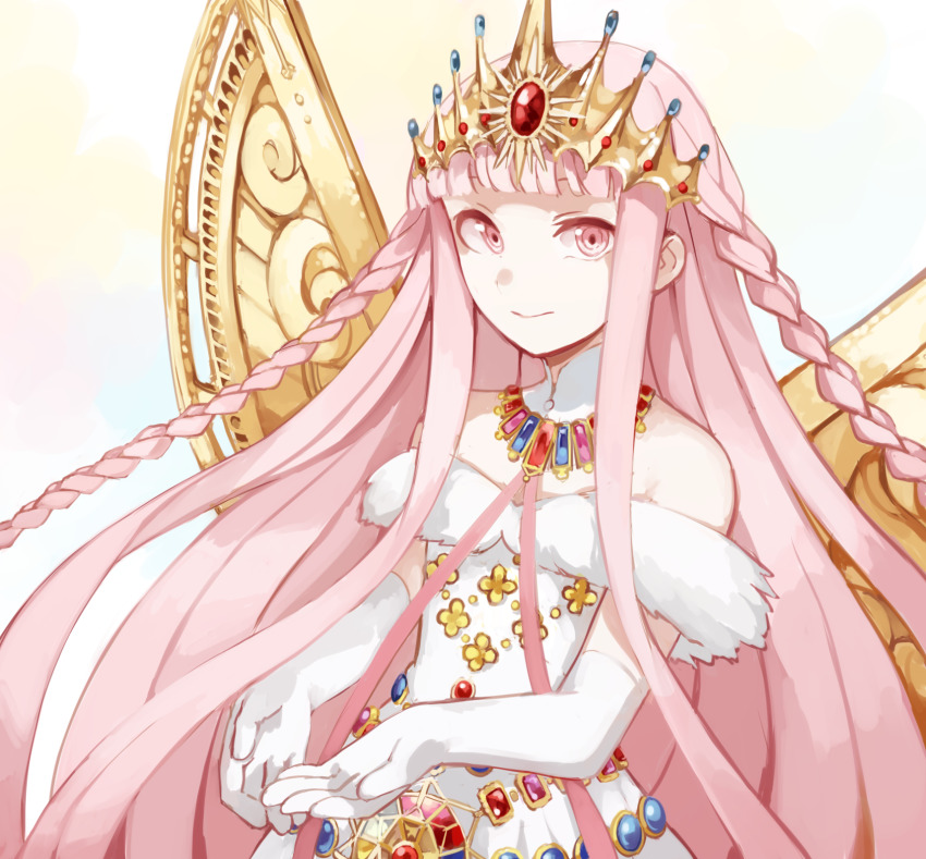1girl, blue_gem, blunt_bangs, braid, crown, cupping_hands, dot_nose, dress, elbow_gloves, eyebrows_hidden_by_hair, fur-trimmed_dress, fur_trim, gem, gloves, golden_wings, hair_down, highres, infinite_iroha, jewelry, long_hair, looking_at_viewer, magia_record:_mahou_shoujo_madoka_magica_gaiden, mahou_shoujo_madoka_magica, moomoofoo, necklace, off-shoulder_dress, off_shoulder, open_hands, own_hands_together, pink_eyes, pink_gem, pink_hair, pink_ribbon, red_gem, ribbon, side_braid, sidelocks, simple_background, smile, solo, tamaki_iroha, tumblr_blog_export, twin_braids, upper_body, very_long_hair, white_background, white_dress, white_gem, white_gloves, yellow_gemstone