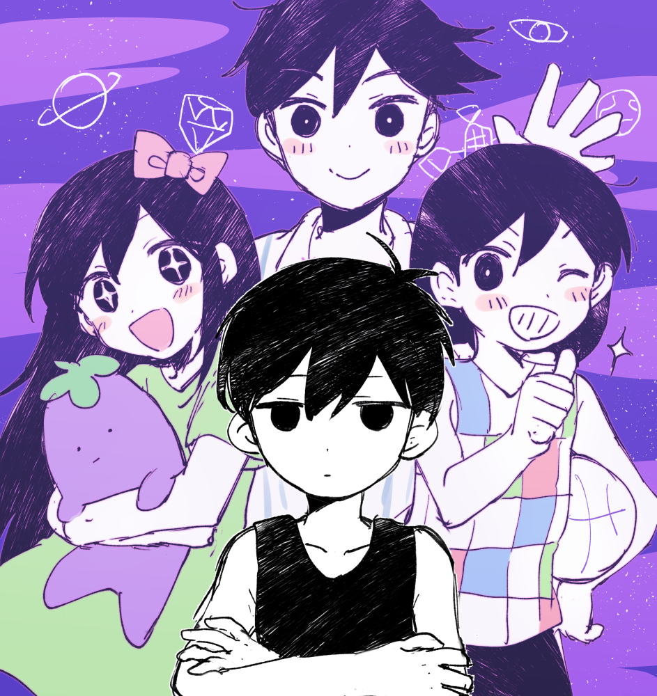 >_o, +_+, 1girl, 3boys, aqua_shirt, aubrey_(headspace)_(omori), aubrey_(omori), ball
