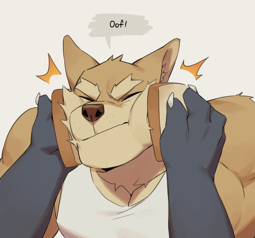 2boys, bara, bare_shoulders, black_fur, bread, bread_slice, brown_fur, cheek_bulge, english_text, fingernails, food, furry, furry_male, highres, idiot_sandwich_(meme), kkaeshi, large_pectorals, male_focus, meme, multiple_boys, muscular, muscular_male, original, pectoral_cleavage, pectorals, sharp_fingernails, sidepec, snout, solo_focus, tank_top, thick_eyebrows, upper_body, white_tank_top