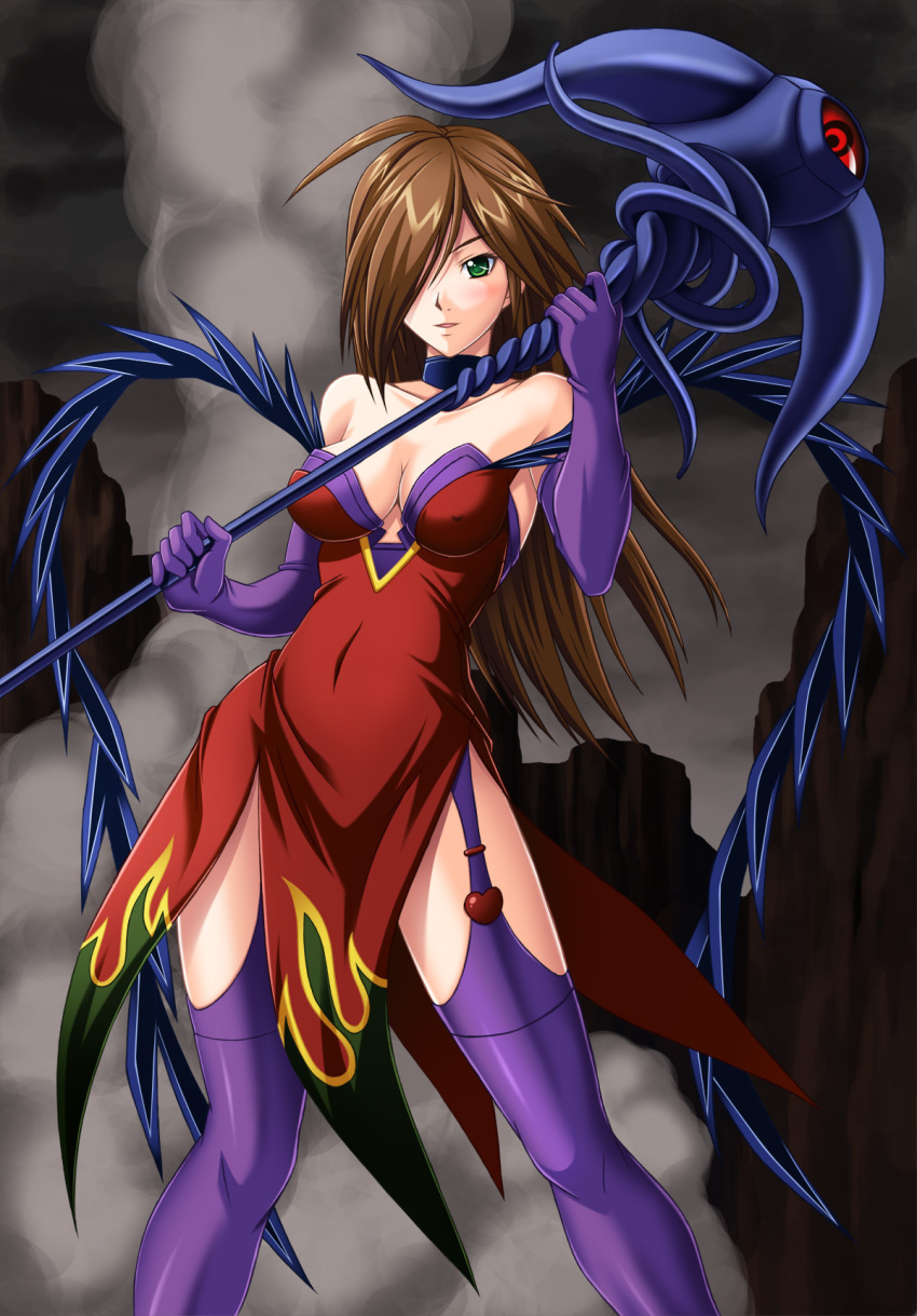 1girl, :d, ahoge, akio_(dkakh918), bad_id, bad_pixiv_id, bare_shoulders, blush, breasts, brown_hair, bustier, choker, cleavage, cliff, cloud, cloudy_sky, covered_erect_nipples, covered_navel, elbow_gloves, feathers, female_focus, flame_master_nyx, funikura, garter_belt, garter_straps, gloves, green_eyes, hair_over_one_eye, heart, highres, holding, large_breasts, long_hair, looking_at_viewer, md5_mismatch, night, nyx_(queen's_blade), off_shoulder, one-eyed, open_mouth, outdoors, purple_gloves, purple_thighhighs, queen's_blade, red_eyes, red_skirt, side_slit, skirt, sky, smile, smoke, solo, staff, standing, tentacles, thighhighs, underwear, weapon
