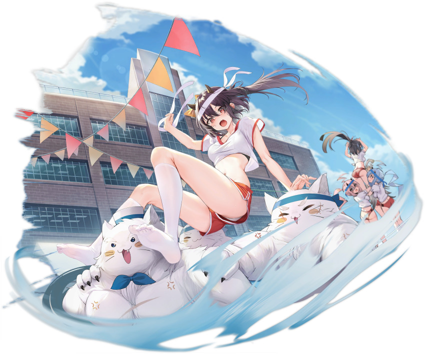 arm_support, ass, azur_lane, brown_hair, fang, gym_uniform, headband, highres